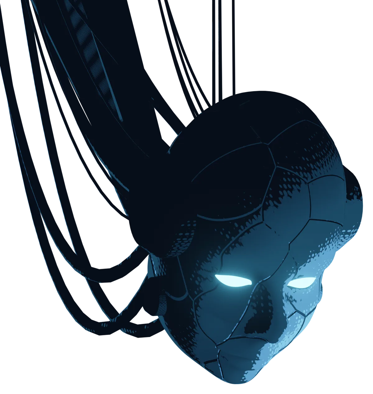 Minerva's head: a cracked android face with glowing cyan eyes, cables trailing above