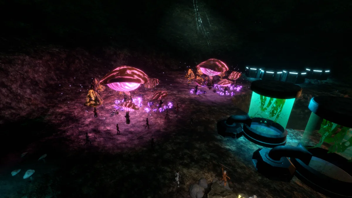Glowing pink mushroom caverns beside green algae tanks, no interface