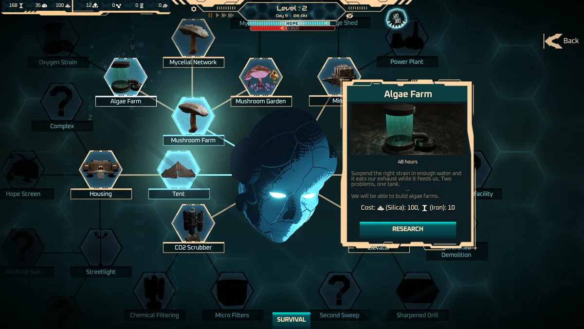 The research menu: a hex tree of technologies around Minerva's face